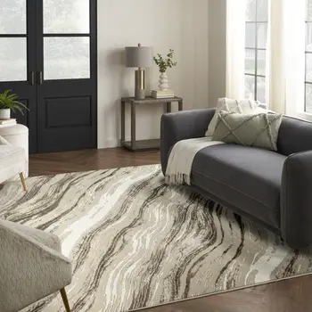 9' X 12' Beige Black and Gray Abstract Non Skid Area Rug