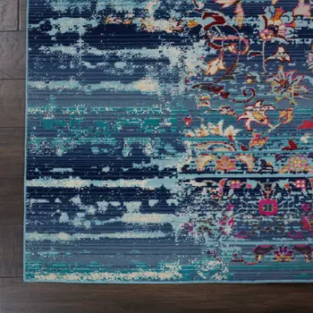 9' X 12' Blue Red And Orange Floral Distressed Non Skid Area Rug