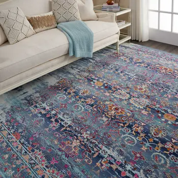 9' X 12' Blue Red And Orange Floral Distressed Non Skid Area Rug