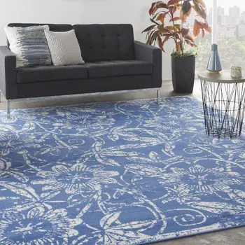 8' X 12' Blue and Ivory Floral Distressed Non Skid Area Rug