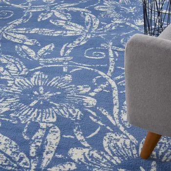 8' X 12' Blue and Ivory Floral Distressed Non Skid Area Rug