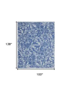 8' X 12' Blue and Ivory Floral Distressed Non Skid Area Rug