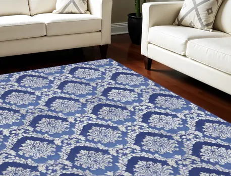 8' X 12' Blue and Ivory Damask Distressed Non Skid Area Rug