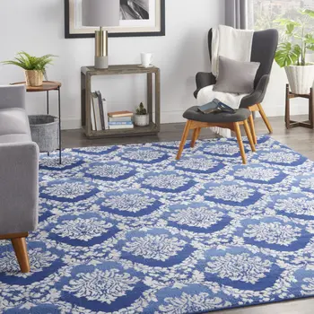 8' X 12' Blue and Ivory Damask Distressed Non Skid Area Rug