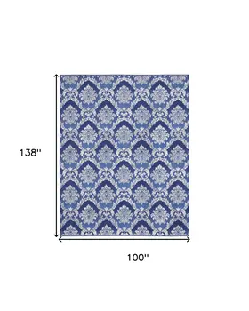 8' X 12' Blue and Ivory Damask Distressed Non Skid Area Rug