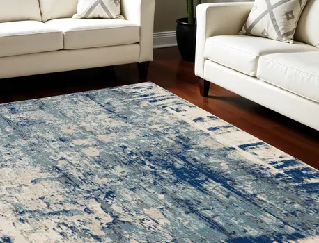8' X 11' Ivory Blue and Slate Gray Abstract Non Skid Area Rug