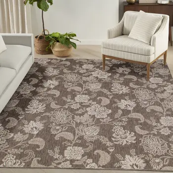 9' X 12' Brown And Ivory Floral Indoor Outdoor Area Rug
