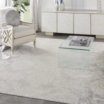 9' X 12' Gray and Ivory Damask Distressed Non Skid Area Rug