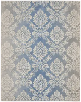 9' X 12' Blue and Ivory Damask Distressed Non Skid Area Rug