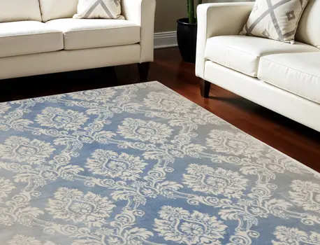 9' X 12' Blue and Ivory Damask Distressed Non Skid Area Rug
