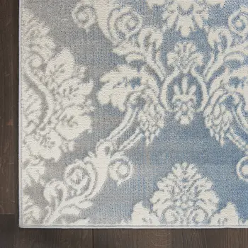 9' X 12' Blue and Ivory Damask Distressed Non Skid Area Rug
