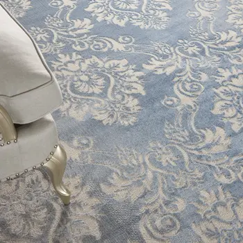 9' X 12' Blue and Ivory Damask Distressed Non Skid Area Rug