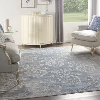 9' X 12' Blue and Ivory Damask Distressed Non Skid Area Rug