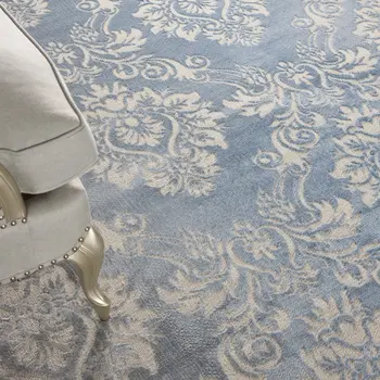 9' X 12' Blue and Ivory Damask Distressed Non Skid Area Rug