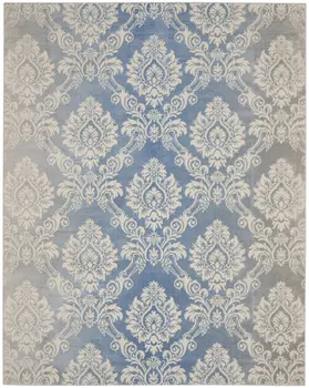 9' X 12' Blue and Ivory Damask Distressed Non Skid Area Rug