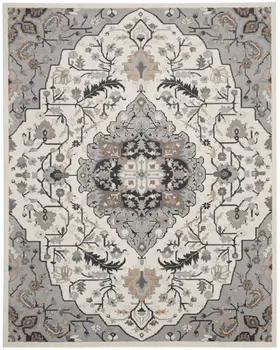 9' X 12' Ivory Black and Gray Floral Medallion Non Skid Area Rug