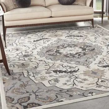 9' X 12' Ivory Black and Gray Floral Medallion Non Skid Area Rug