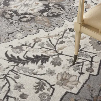9' X 12' Ivory Black and Gray Floral Medallion Non Skid Area Rug
