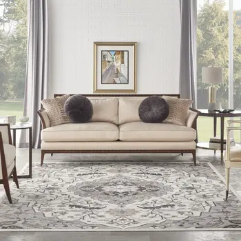 9' X 12' Ivory Black and Gray Floral Medallion Non Skid Area Rug