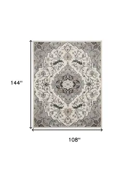 9' X 12' Ivory Black and Gray Floral Medallion Non Skid Area Rug