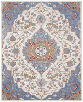 9' X 12' Ivory Tan and Blue Floral Medallion Non Skid Area Rug