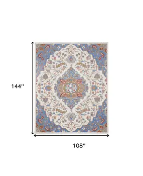 9' X 12' Ivory Tan and Blue Floral Medallion Non Skid Area Rug