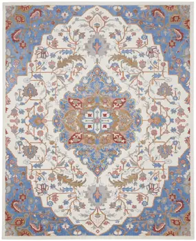 9' X 12' Ivory Tan and Blue Floral Medallion Non Skid Area Rug