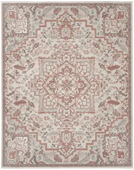 9' X 12' Ivory and Red Floral Medallion Non Skid Area Rug