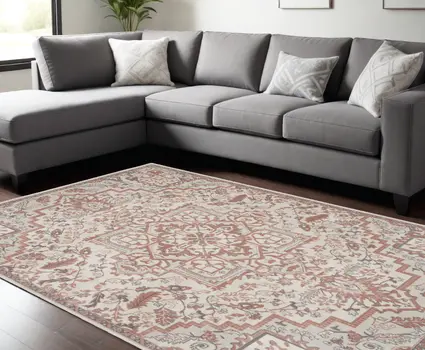 9' X 12' Ivory and Red Floral Medallion Non Skid Area Rug