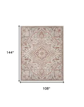 9' X 12' Ivory and Red Floral Medallion Non Skid Area Rug