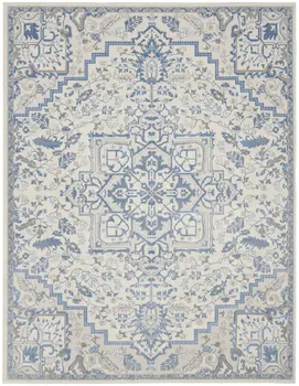 9' X 12' Ivory Blue and Gray Floral Non Skid Area Rug
