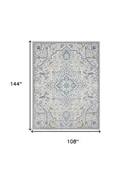 9' X 12' Ivory Blue and Gray Floral Non Skid Area Rug