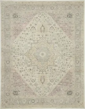 9' X 12' Ivory Pink And Gray Floral Medallion Distressed Area Rug