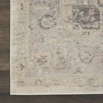 9' X 12' Ivory Pink And Gray Floral Medallion Distressed Area Rug