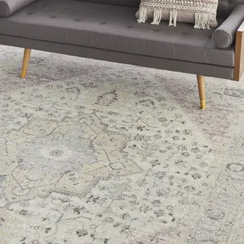 9' X 12' Ivory Pink And Gray Floral Medallion Distressed Area Rug