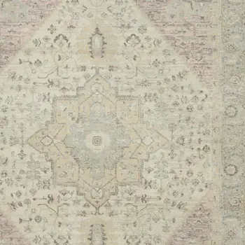 9' X 12' Ivory Pink And Gray Floral Medallion Distressed Area Rug