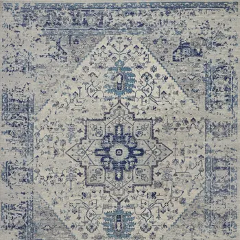 9' X 12' Ivory And Light Blue Floral Medallion Distressed Area Rug