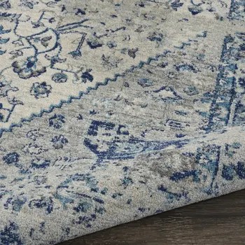 9' X 12' Ivory And Light Blue Floral Medallion Distressed Area Rug