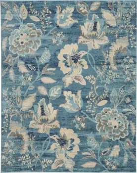 9' X 12' Turquoise Cream and Navy Blue Floral Distressed Area Rug