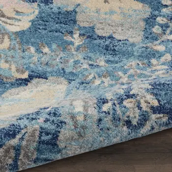 9' X 12' Turquoise Cream and Navy Blue Floral Distressed Area Rug