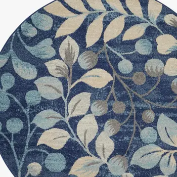 9' X 12' Turquoise Cream and Navy Blue Floral Distressed Area Rug