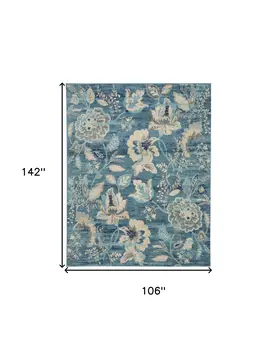 9' X 12' Turquoise Cream and Navy Blue Floral Distressed Area Rug