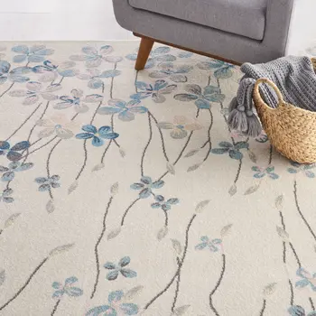 9' X 12' Ivory And Blue Floral Area Rug