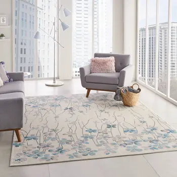 9' X 12' Ivory And Blue Floral Area Rug