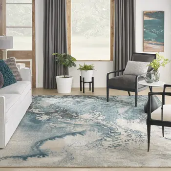 9' X 12' Ivory Teal Blue and Black Abstract Non Skid Area Rug
