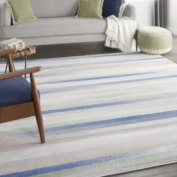 8' X 12' Ivory Tan and Blue Abstract Distressed Non Skid Area Rug
