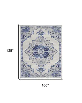 8' X 12' Ivory and Blue Floral Medallion Distressed Non Skid Area Rug