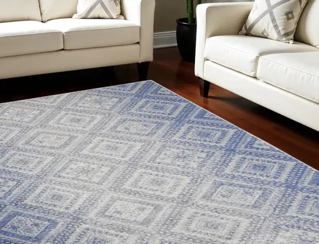 8' X 12' Ivory and Blue Geometric Distressed Non Skid Area Rug