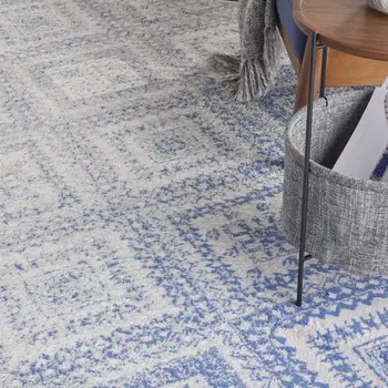 8' X 12' Ivory and Blue Geometric Distressed Non Skid Area Rug