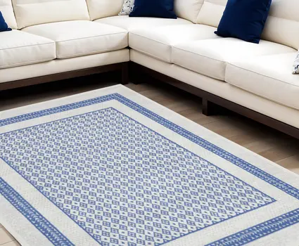 8' X 12' Ivory and Blue Geometric Distressed Non Skid Area Rug